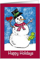Happy Holidays - Snowman - birds - snowing - Christmas card
