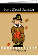 For a Special Grandson, pilgrim boy, at Thanksgiving, - pumpkin card