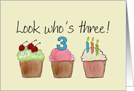 Birthday - Three Years Old - Cupcakes card