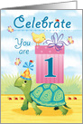 One Year Old Happy Birthday Turtle Delivering a Pink Present card