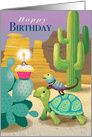 Happy Birthday Cute Turtle and Lizard Finding a Cupcake in the Desert card
