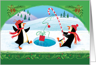Cute Fishing Penquins Catching a Christmas Present card