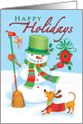 Dachshund and Snowman Happy Holidays Red Bird card