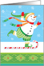 Snowman Sledding on a Candy Cane on One Foot Christmas card