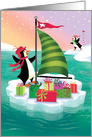 Cute Sailing Penguin Christmas Delivering Presents on an Ice Burg card