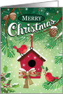 Cute Red Birds Birdhouse Merry Christmas card