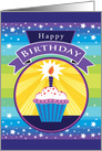 Happy Birthday Cupcake Stars Purple Blue card