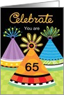 Celebrate Birthday Bright Party Hats Custom Age sixty-five card