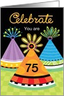 Celebrate Birthday Bright Party Hats Custom Age Seventy-Five 75 card