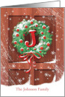 J Name Custom Wreath Red Door Snow Christmas card
