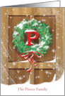 Monogram P Name Wreath Rustic Door Snow Christmas card