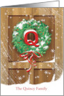 Monogram Q Name Wreath Rustic Door Snow Christmas card