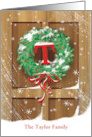 Monogram T Name Custom Wreath Rustic Door Snow Christmas card