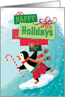 Surfing Penguin Happy Holidays Present card