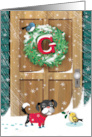 G Christmas Wreath on Rustic Wood Door Dog and Bird card