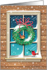 Holiday Wreath Cardinals Red Birds Window Rustic Wood Siding card