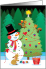 Happy Holidays Christmas Tree Snowman Squirrel Bunny Red Green card