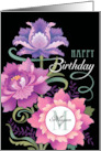 Custom Name M Monogram Happy Birthday Pink Peony Floral Hand Lettering card