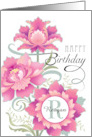 Custom Name R Monogram Happy Birthday Colorful Pink Peony Floral card