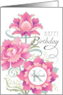 Custom Name K Monogram Happy Birthday Colorful Pink Peony Floral card