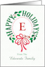 Monogram E and Custom Name Typography Christmas Wreath card