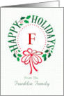 Monogram F and Custom Name Typography Christmas Wreath card