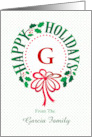 Monogram G and Custom Name Typography Christmas Wreath card