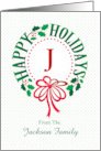Monogram J and Custom Name Typography Christmas Wreath card