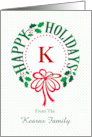 Monogram K and Custom Name Typography Christmas Wreath card
