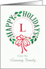 Monogram L and Custom Name Typography Christmas Wreath card
