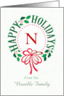 Monogram N and Custom Name Typography Christmas Wreath card