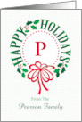 Monogram P and Custom Name Typography Christmas Wreath card