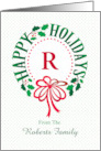 Monogram R and Custom Name Typography Christmas Wreath card