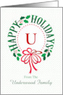 Monogram U and Custom Name Typography Christmas Wreath card