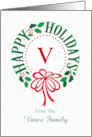 Monogram V and Custom Name Typography Christmas Wreath card