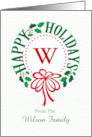 Monogram W and Custom Name Typography Christmas Wreath card