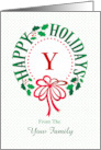 Monogram Y and Custom Name Typography Christmas Wreath card