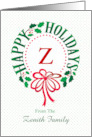 Monogram Z and Custom Name Typography Christmas Wreath card