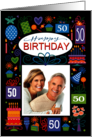 50th Birthday Photo Blue Cake Cupcake Presents Balloon card
