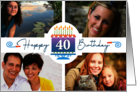 40 Striped Birthday Cake And Candles With 4 Custom Photos card