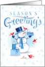 Vignette Blue Snowman Red Birds Seasons Greetings card