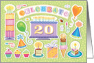 20th Birthday Bright Cake Cupcakes Party Hats Balloons card