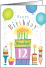 Custom name 12th Birthday Tall Cake Desserts Balloons card