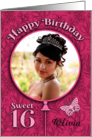Custom Name O Photo 16th Birthday Pink Balloon Flowers Butterfly card
