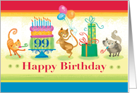 99th Birthday Card with Celebrating funny Cats Cake and Presents card
