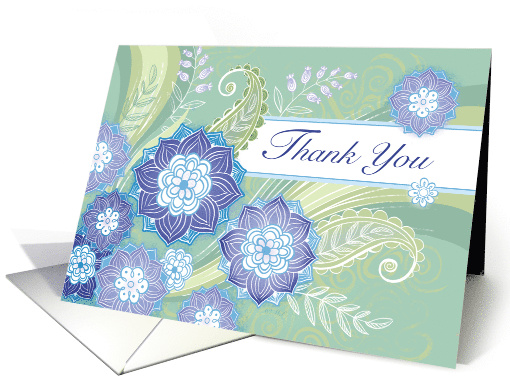 Blue Purple Flowers Thank You Green Leaf Paisley card (1486960)