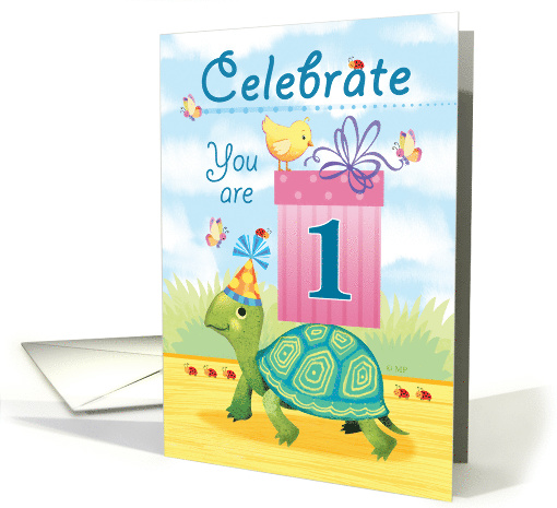 One Year Old Happy Birthday Turtle Delivering a Pink Present card