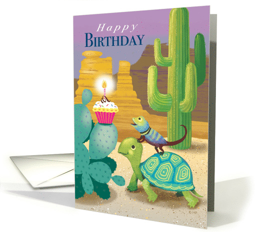 Happy Birthday Cute Turtle and Lizard Finding a Cupcake... (1489288)