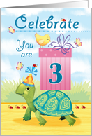 Three Year Old Happy Birthday Turtle Delivering a Pink Present card
