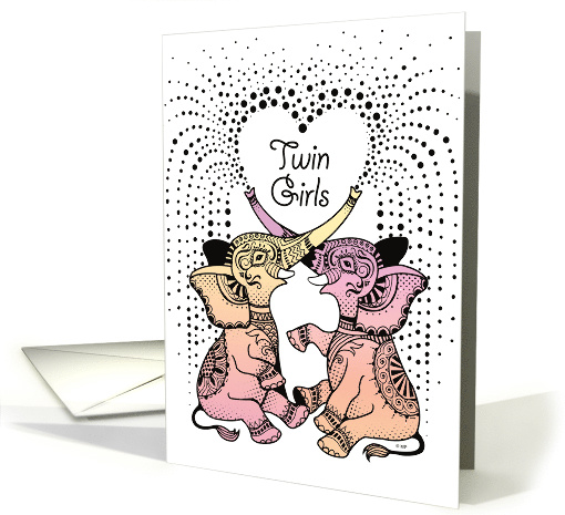 Twin Baby Girls Announcement 2 Cute Decorative Pink Elephants card